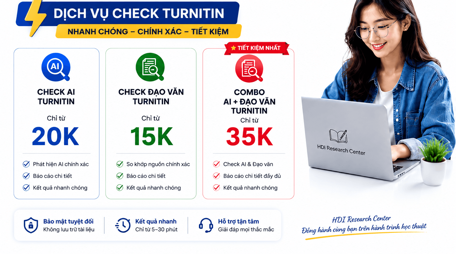 Dịch vụ check Turnitin của HDI — Check AI Turnitin chỉ từ 20K, check đạo văn Turnitin chỉ từ 15K, combo AI và đạo văn Turnitin chỉ từ 35K