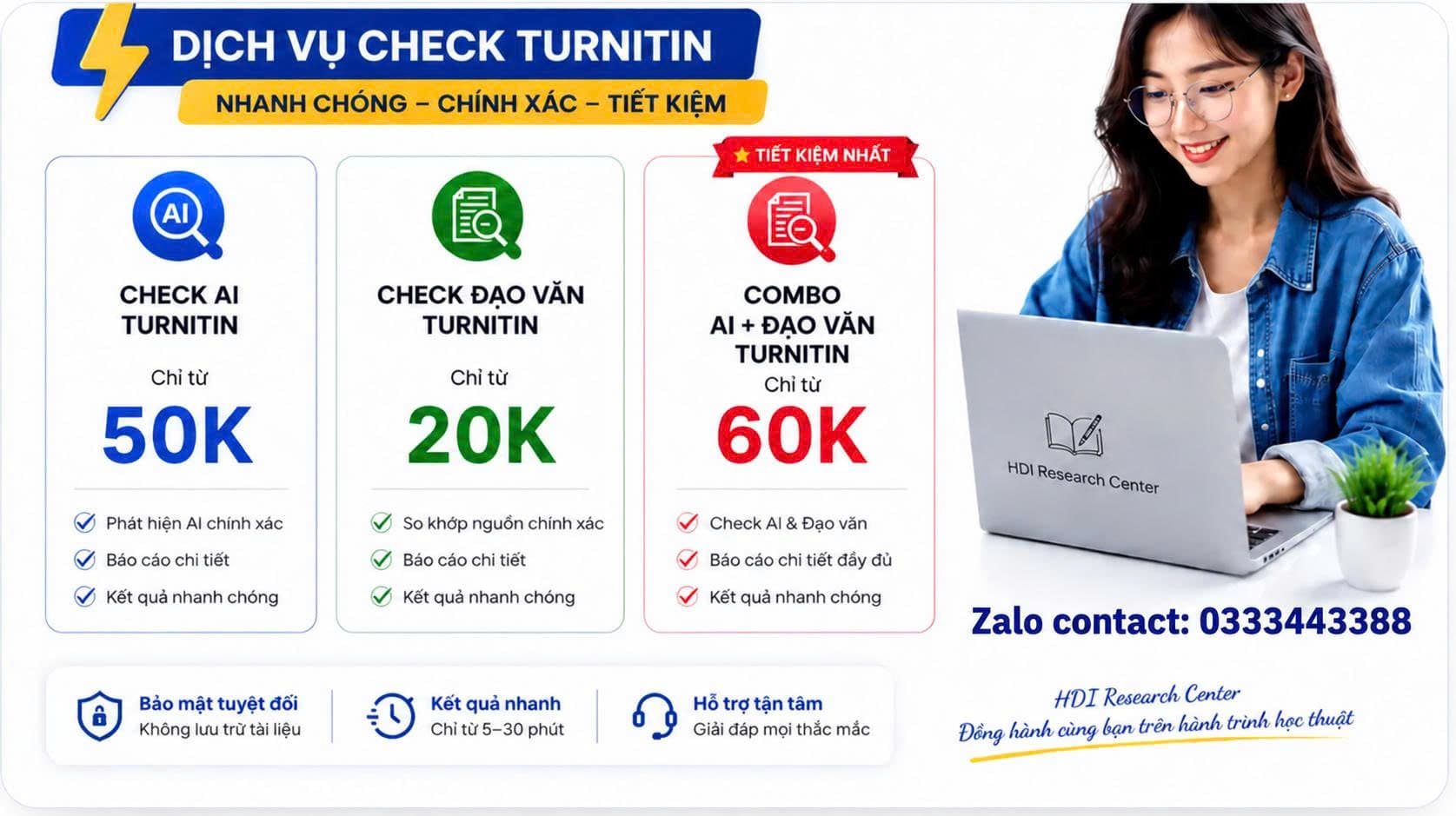 Dịch vụ check Turnitin của HDI — Check AI Turnitin chỉ từ 50K, check đạo văn Turnitin chỉ từ 20K, combo AI và đạo văn Turnitin chỉ từ 60K