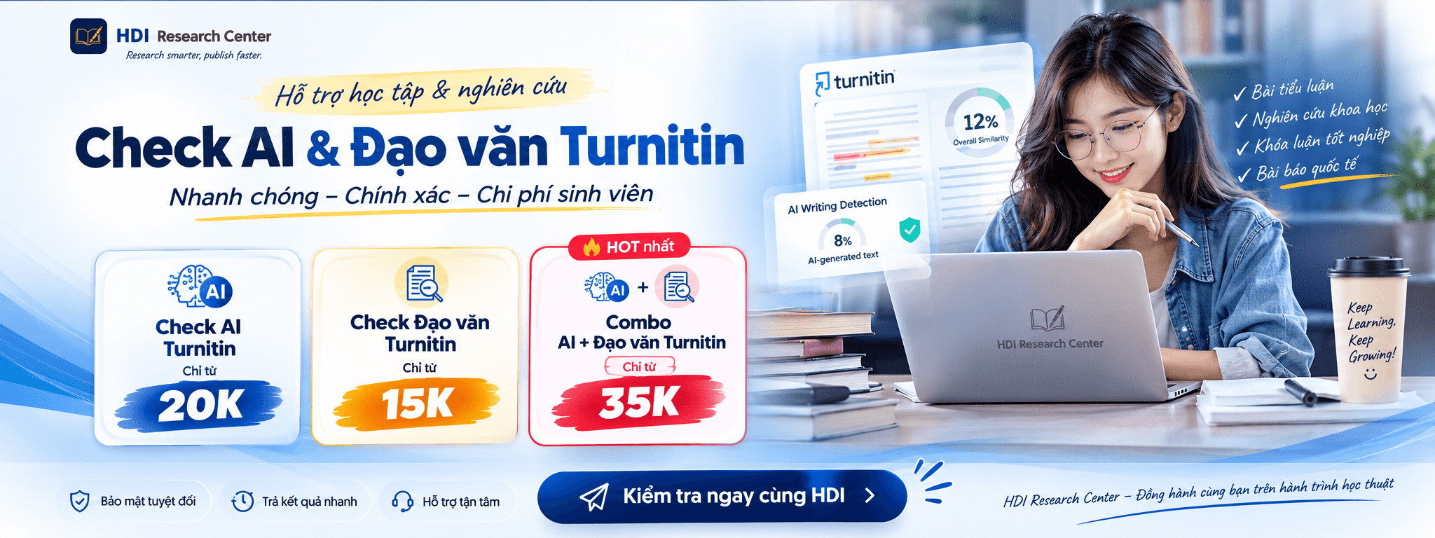 Check AI & Đạo văn Turnitin — Check AI chỉ từ 20K, Check đạo văn chỉ từ 15K, Combo AI + Đạo văn chỉ từ 35K